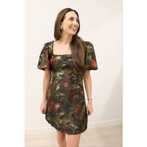 NEW B.RIGHT dita jacquard print short puff sleeve mini dress in black multi